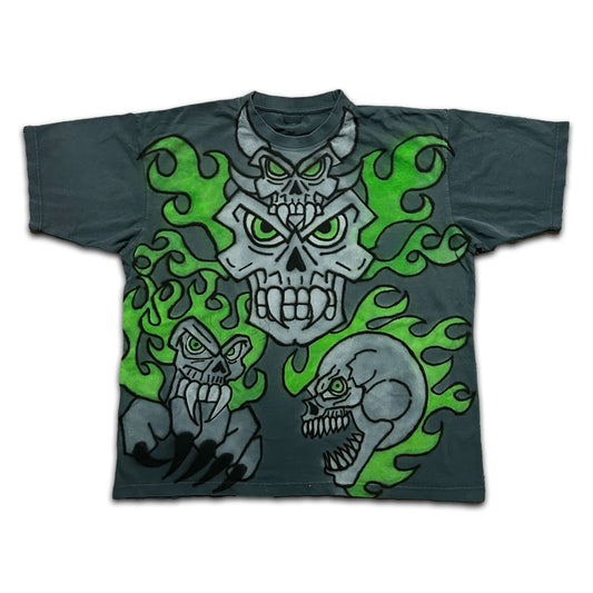 "Green Flames SKull" Airbrush HEAVYWEIGHT Tee (XL)